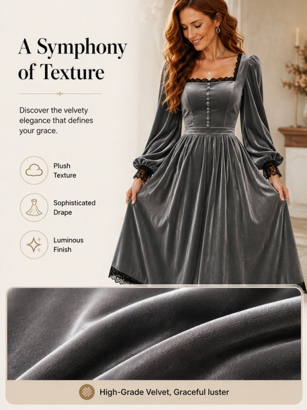 Square Neck Fitted Waist Velvet-Look Midi Dress