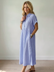 Striped Cotton Button-Front Midi Shirt Dress