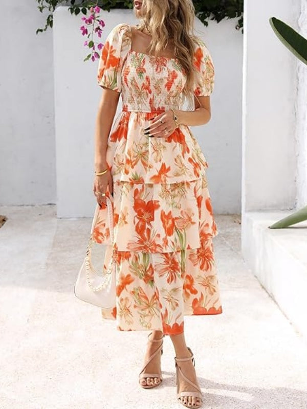 Floral Square-Neck Smocked Tiered Dress