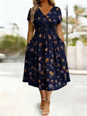 Women's V-Neck Floral Print Dress with Twist Waist