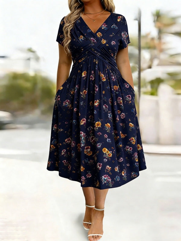 Women's V-Neck Floral Print Dress with Twist Waist