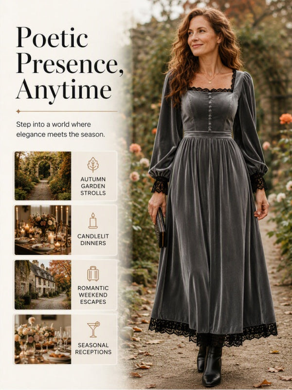 Square Neck Fitted Waist Velvet-Look Midi Dress