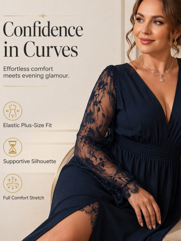 V Neck Lace-Sleeve Empire Waist Maxi Dress