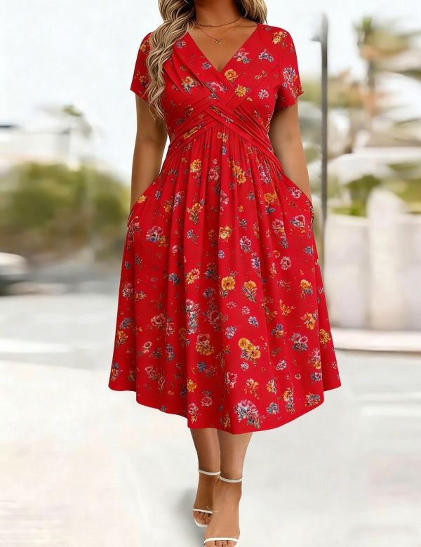 Women's V-Neck Floral Print Dress with Twist Waist