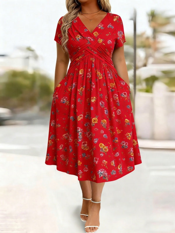 Women's V-Neck Floral Print Dress with Twist Waist