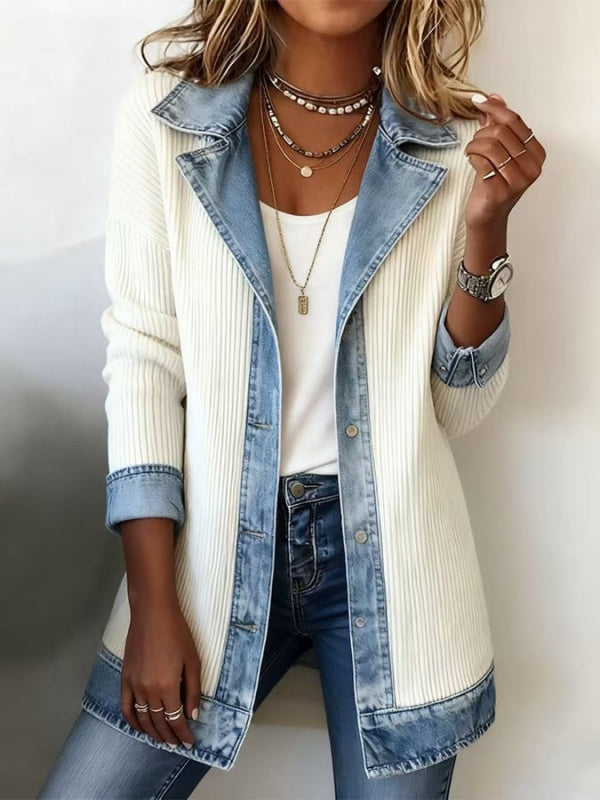 Ribbed Knit Jacket with Denim Trim
