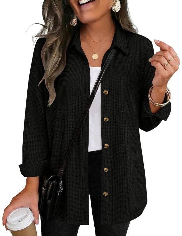 Waffle Knit Shacket Button Down Long Sleeve with Pocket