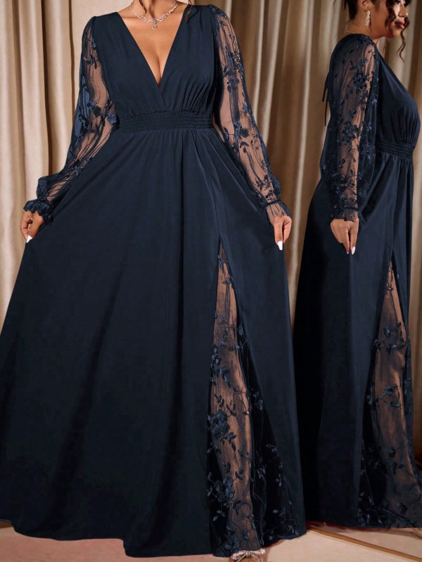 V Neck Lace-Sleeve Empire Waist Maxi Dress