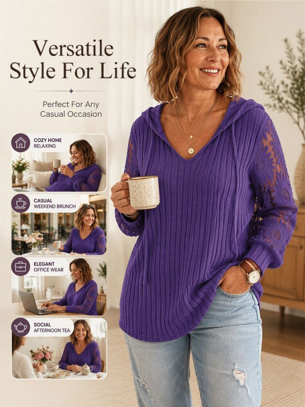 Solid Lace Spliced Hooded Knit Top