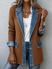 Ribbed Knit Jacket with Denim Trim