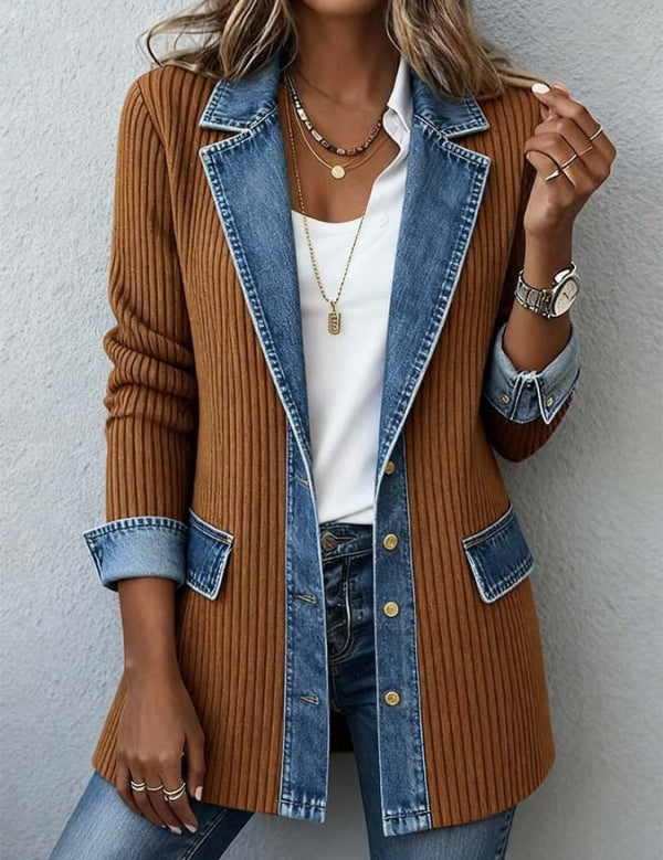 Ribbed Knit Jacket with Denim Trim