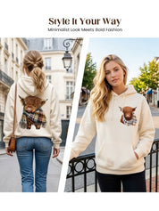 Highland Cow Print Fleece-Lined Hoodie
