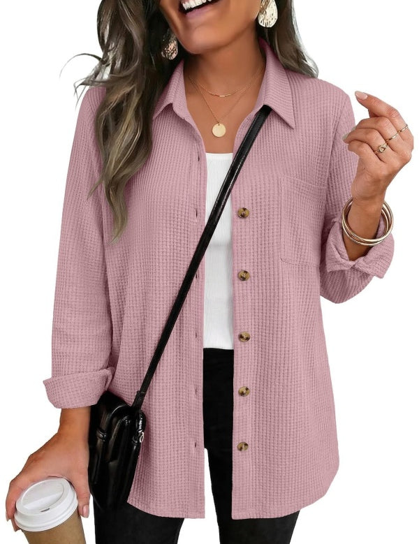 Waffle Knit Shacket Button Down Long Sleeve with Pocket