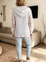 Solid Lace Spliced Hooded Knit Top