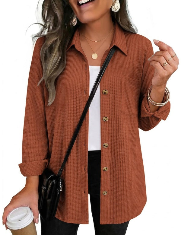 Waffle Knit Shacket Button Down Long Sleeve with Pocket