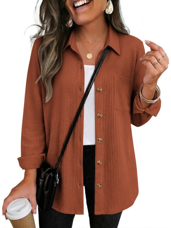 Waffle Knit Shacket Button Down Long Sleeve with Pocket