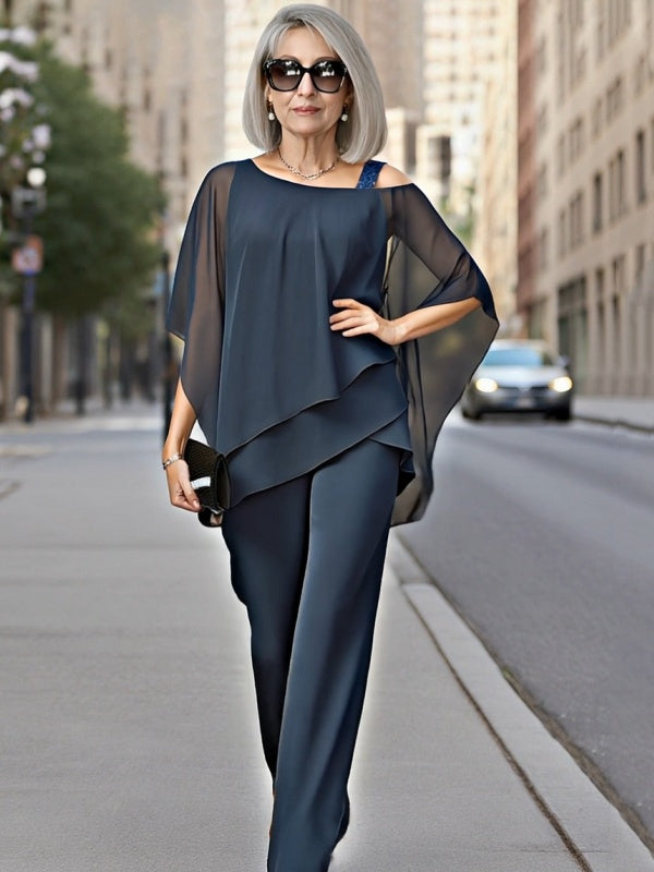Irregular Layered Chiffon Top & Wide-Leg Pants Set