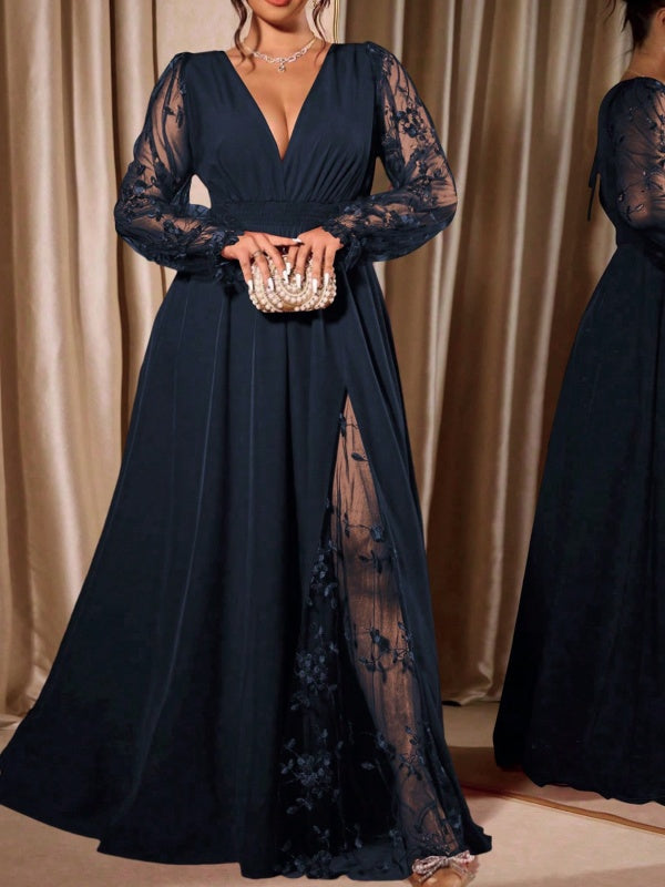 V Neck Lace-Sleeve Empire Waist Maxi Dress