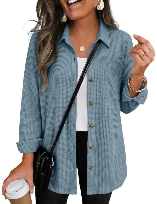 Waffle Knit Shacket Button Down Long Sleeve with Pocket