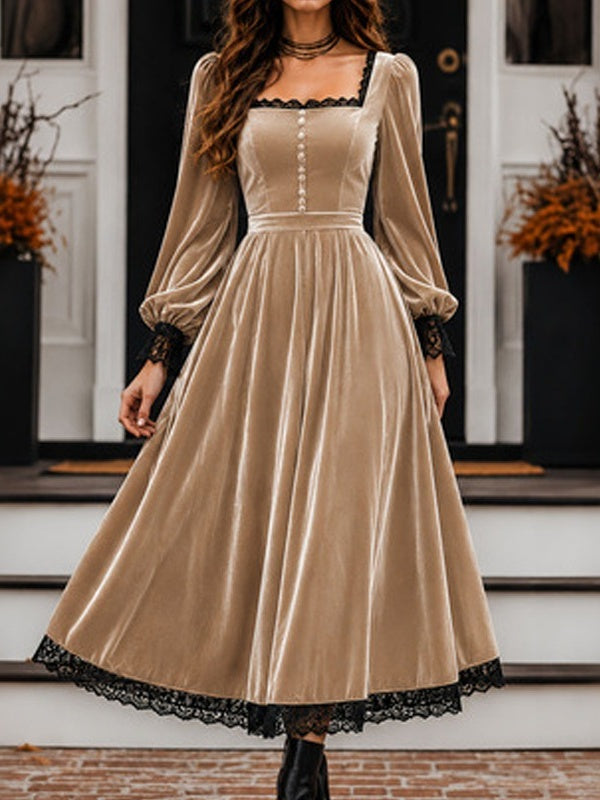 Square Neck Fitted Waist Velvet-Look Midi Dress