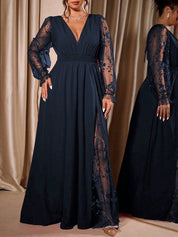 V Neck Lace-Sleeve Empire Waist Maxi Dress