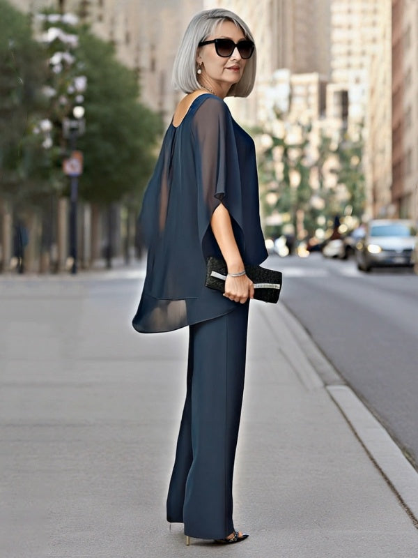 Irregular Layered Chiffon Top & Wide-Leg Pants Set