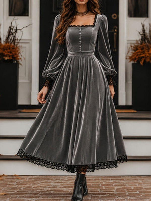 Square Neck Fitted Waist Velvet-Look Midi Dress