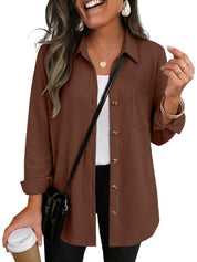 Waffle Knit Shacket Button Down Long Sleeve with Pocket