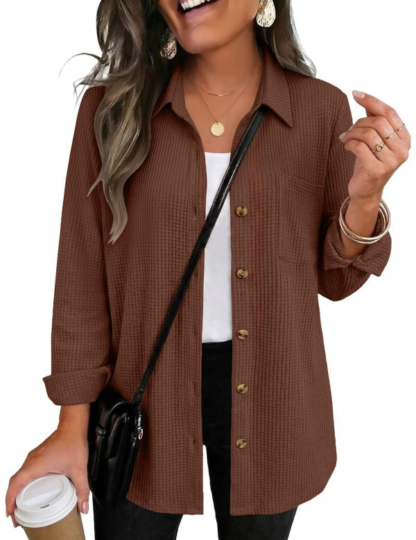 Waffle Knit Shacket Button Down Long Sleeve with Pocket