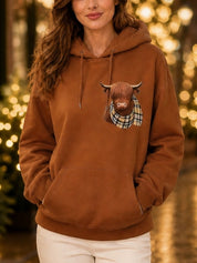 Highland Cow Print Fleece-Lined Hoodie
