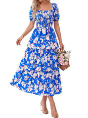 Floral Square-Neck Smocked Tiered Dress