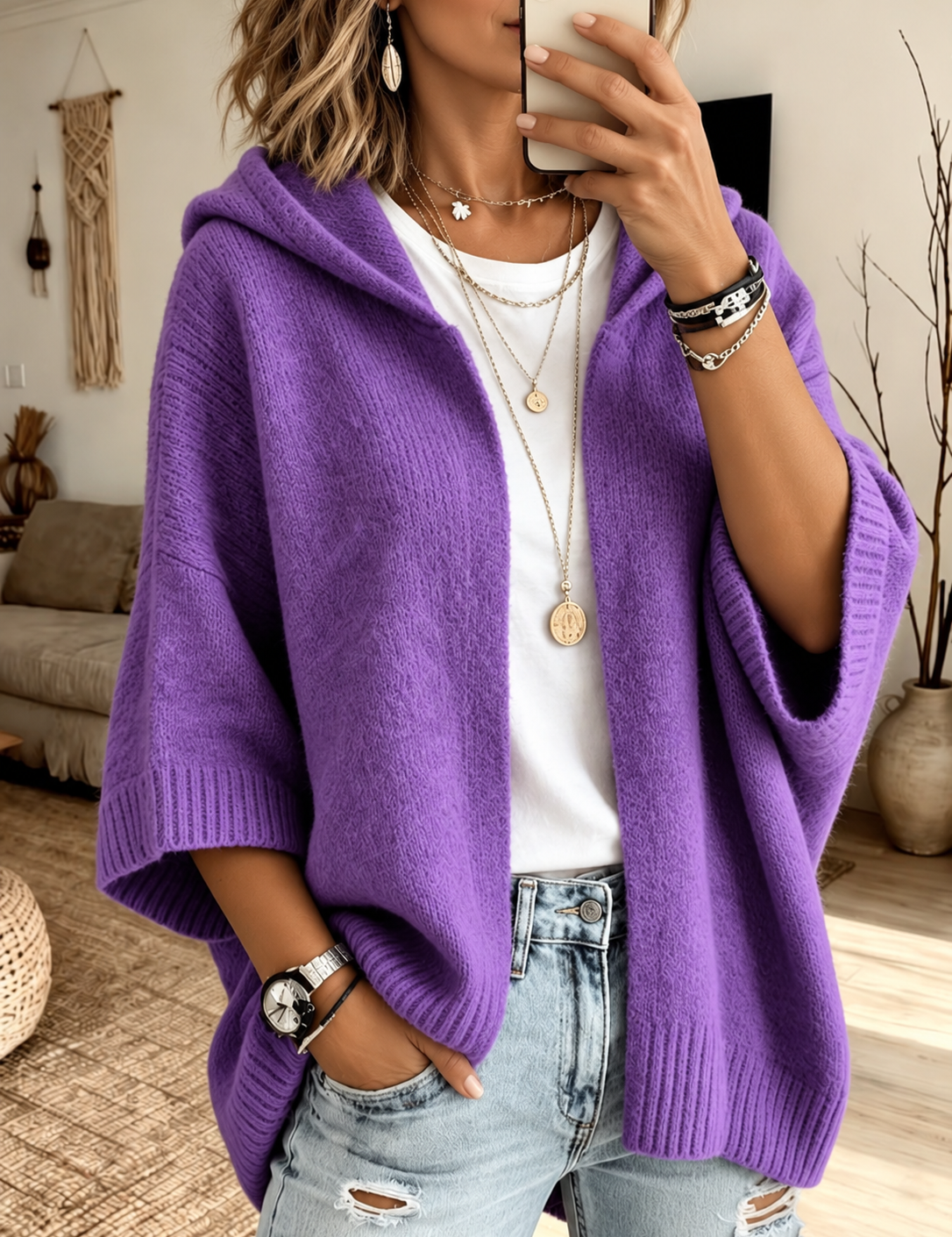 4 Sleeve Hooded Knit Cardigan