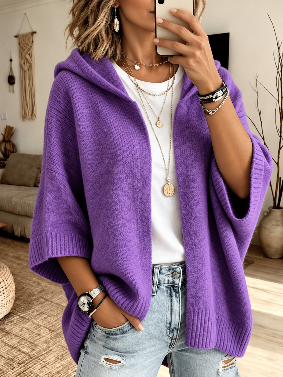4 Sleeve Hooded Knit Cardigan