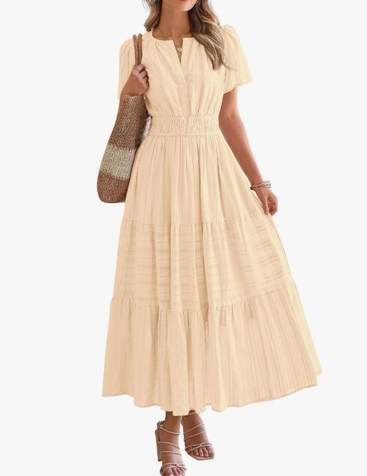 Women’s Short Sleeve V-Neck Boho Maxi Dress with Pockets
