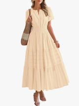 Women’s Short Sleeve V-Neck Boho Maxi Dress with Pockets