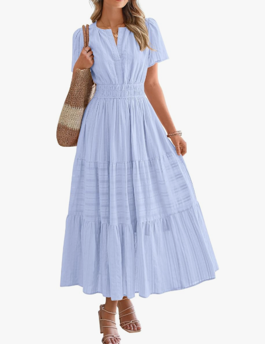 Women’s Short Sleeve V-Neck Boho Maxi Dress with Pockets