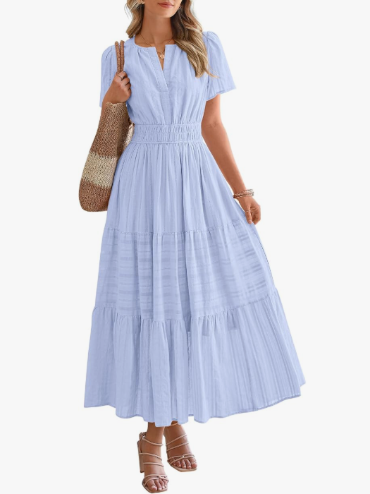 Women’s Short Sleeve V-Neck Boho Maxi Dress with Pockets