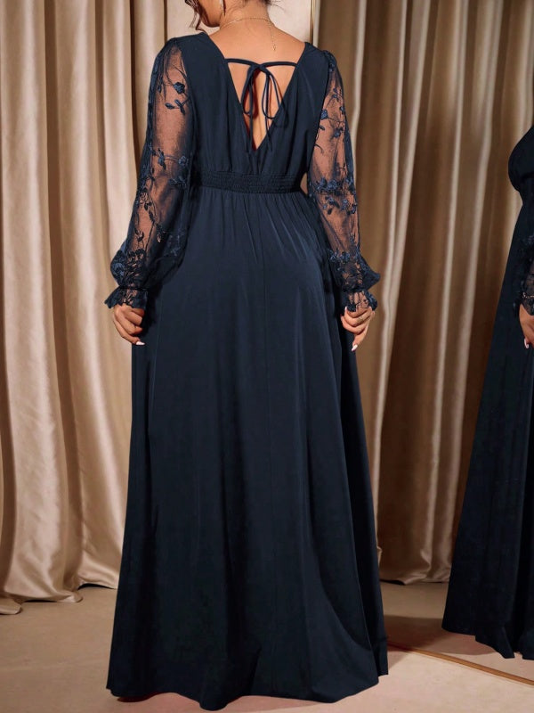 V Neck Lace-Sleeve Empire Waist Maxi Dress