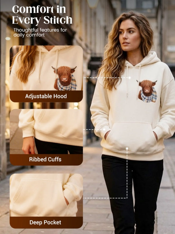 Highland Cow Print Fleece-Lined Hoodie