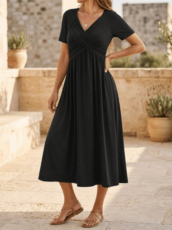 Crossover V-Neck Midi Dress with Pockets