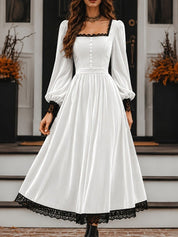 Square Neck Fitted Waist Velvet-Look Midi Dress