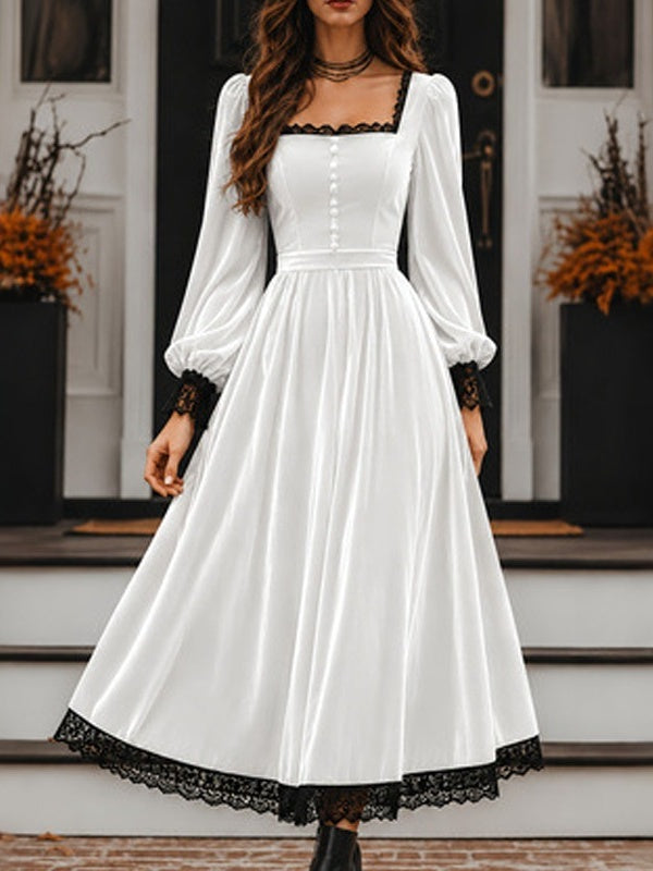 Square Neck Fitted Waist Velvet-Look Midi Dress