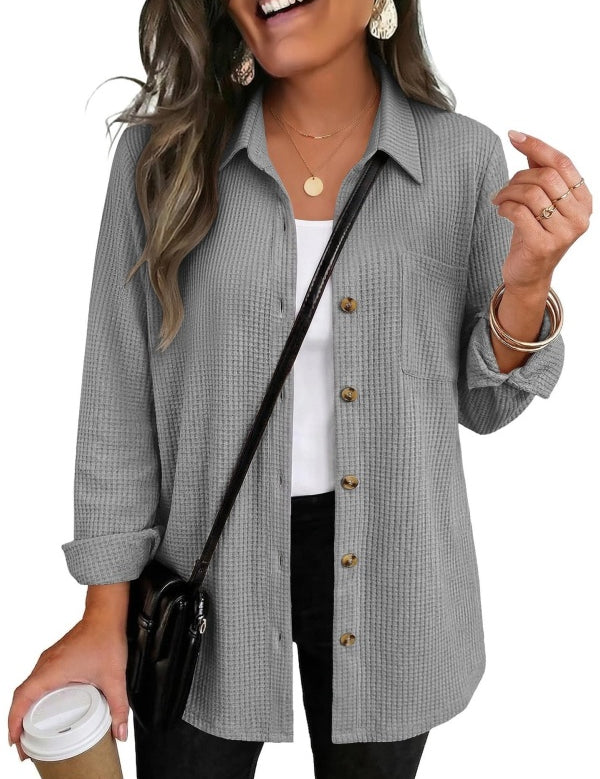 Waffle Knit Shacket Button Down Long Sleeve with Pocket