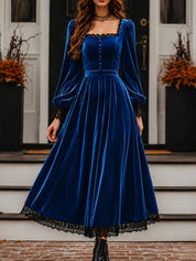 Square Neck Fitted Waist Velvet-Look Midi Dress