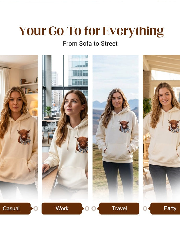 Highland Cow Print Fleece-Lined Hoodie