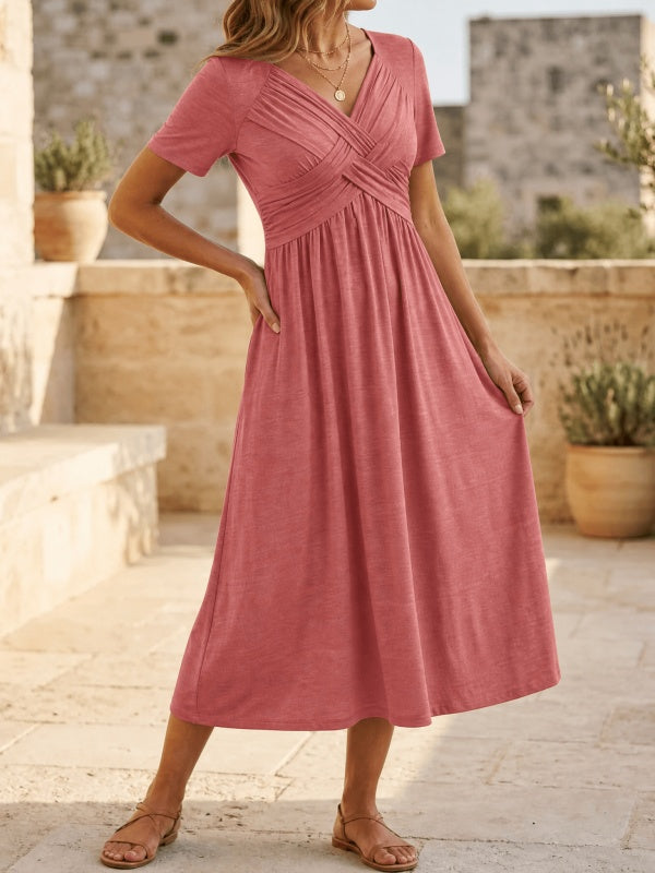 Crossover V-Neck Midi Dress with Pockets