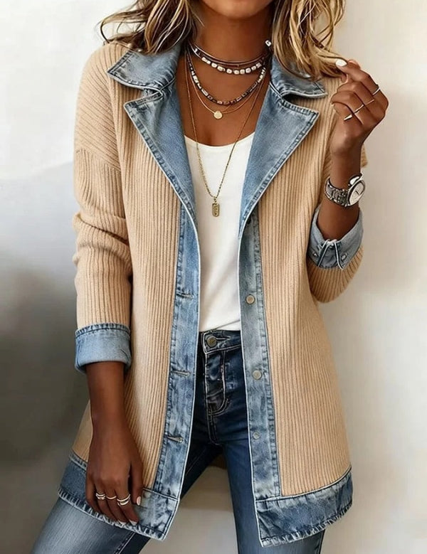 Ribbed Knit Jacket with Denim Trim