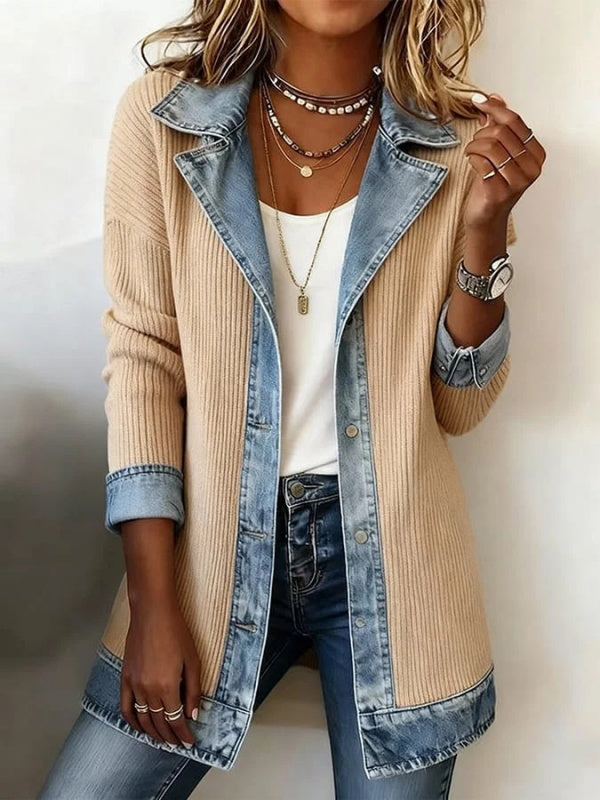 Ribbed Knit Jacket with Denim Trim