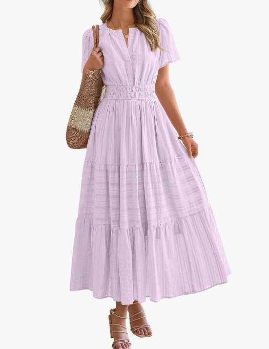 Women’s Short Sleeve V-Neck Boho Maxi Dress with Pockets
