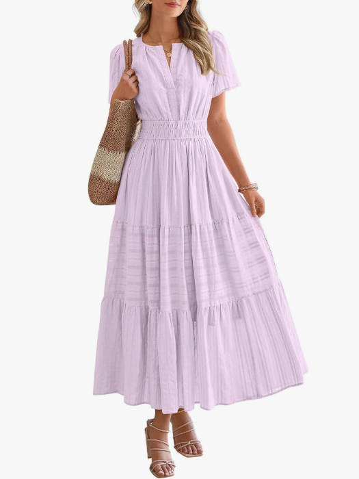 Women’s Short Sleeve V-Neck Boho Maxi Dress with Pockets
